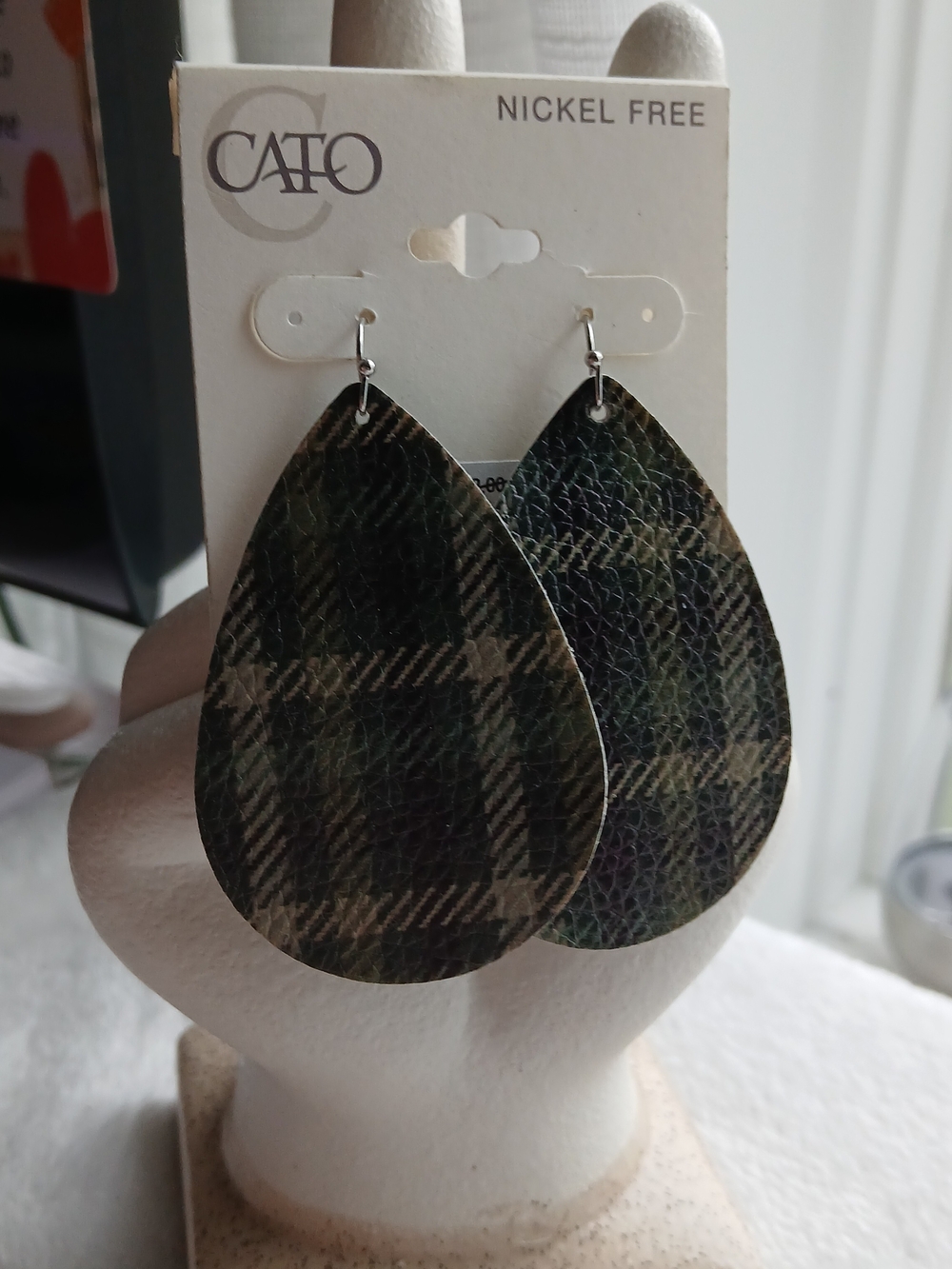CATO Dark Green Plaid Teardrop Earrings [Faux Leather] - NWT on CARD